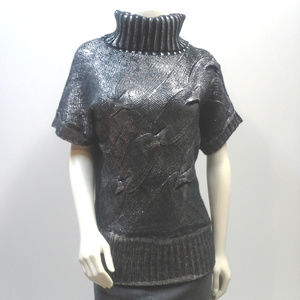 Black Silver Metallic Turtleneck Chunky SS Sweater
